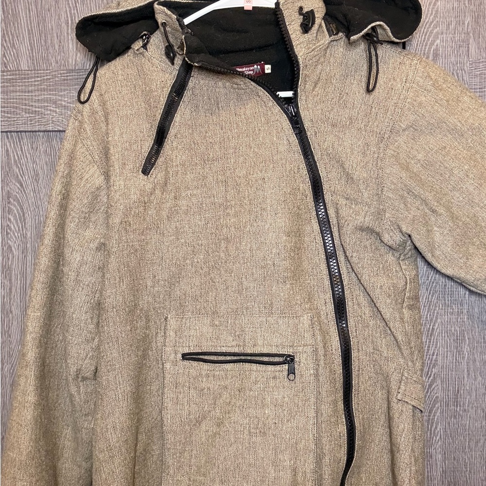 Tan Hooded Jacket with Black Accents